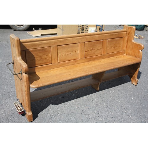 1728 - Pitch pine pew with cushion with attached umbrella stand & drip tray 33