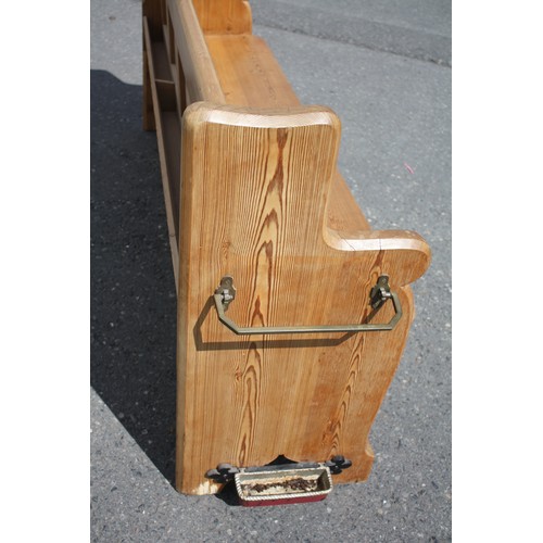 1728 - Pitch pine pew with cushion with attached umbrella stand & drip tray 33