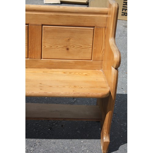 1728 - Pitch pine pew with cushion with attached umbrella stand & drip tray 33