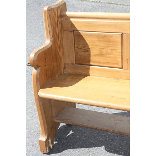 1728 - Pitch pine pew with cushion with attached umbrella stand & drip tray 33