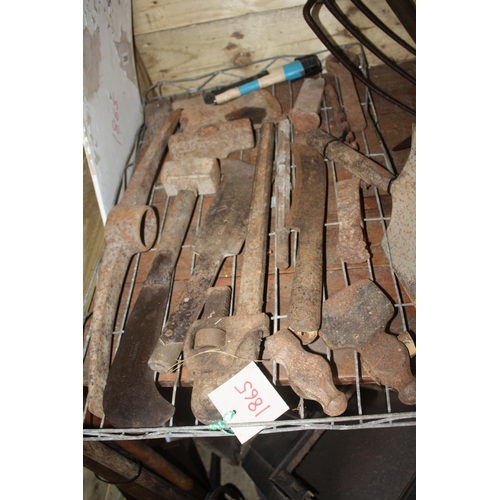 223 - Galvanised tray garden tools, hatchet etc