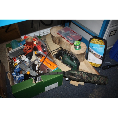 437 - Box tools, tow rope, stapler, pieces wood etc