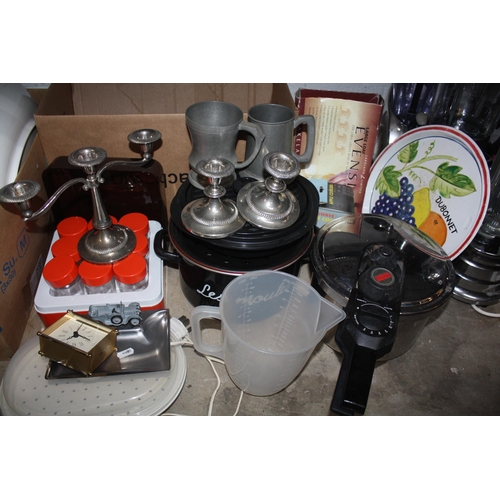 542 - Pressure cooker, kitchen pots, candlesticks etc