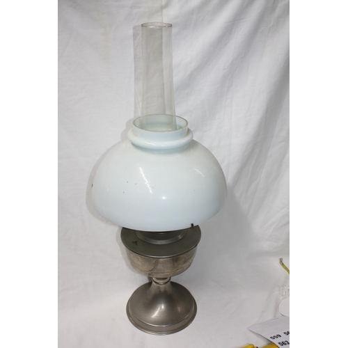 559 - Chrome oil lamp with opaque shade & chimney 24