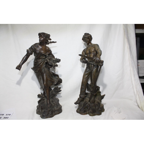 577 - After Moreau pair spelter countryside figures 15 1/2