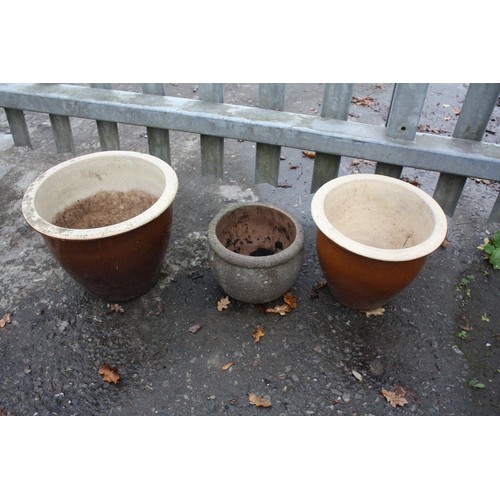 33F - 3 brown terracotta pots tallest 9