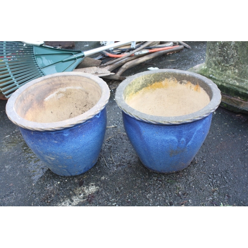 29 - Pair large blue glazed planters 12 1/2