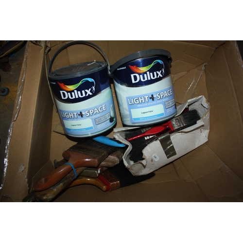 130 - 2 new tins Dulux Lagoon Falls matt paint & brushes