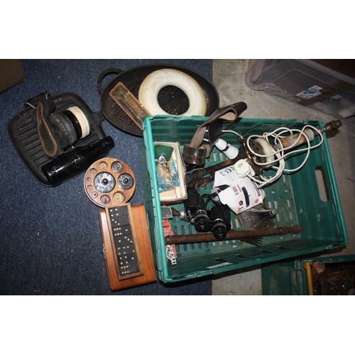 246 - 2 skillets, gas mask a/f, binoculars etc