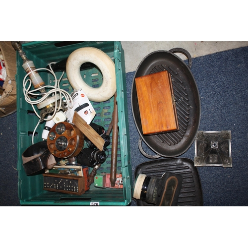 246 - 2 skillets, gas mask a/f, binoculars etc