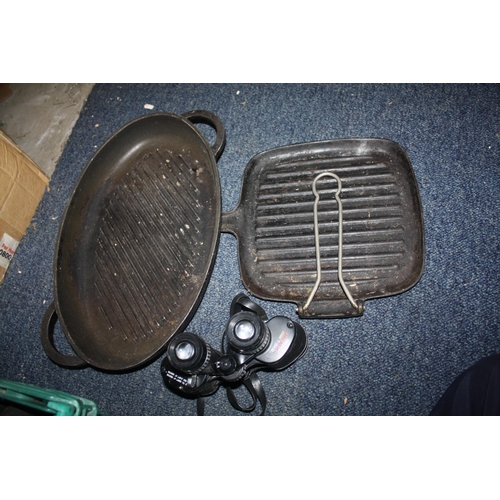 246 - 2 skillets, gas mask a/f, binoculars etc