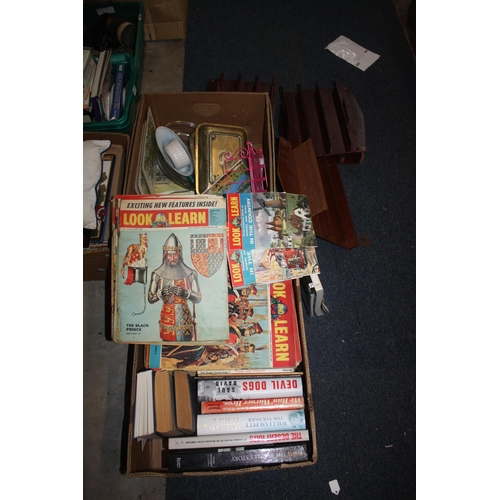 249 - Box books, vintage Look & Learn magazines, small shelves etc