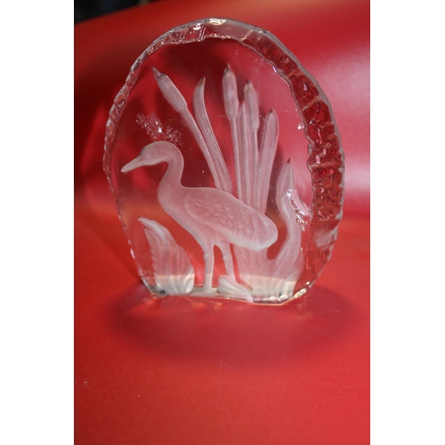 464 - Glass heron in bullrushes paperweight 5 1/4