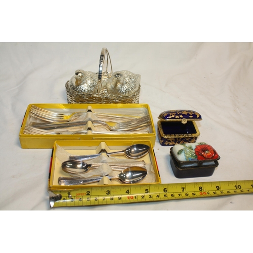 479 - 2 decorative trinket boxes, bird cruet & plated cutlery