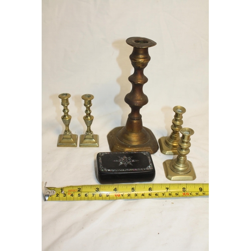 481 - 2 pairs brass candlesticks, 1 other & small inlaid box