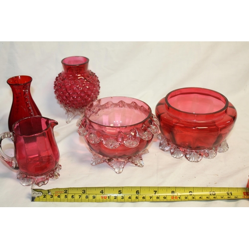 487 - 2 cranberry glass bowls etc (5) some nibbles