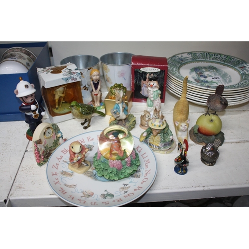 495 - Group Beatrix Potter figures metalware figures etc