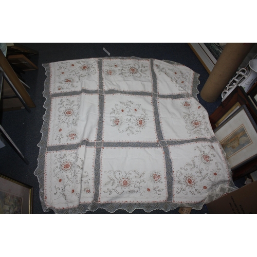 579 - Large hand embroidered table cloth 4' 4