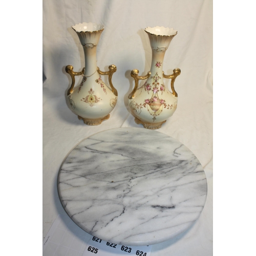 609 - Pair Crown Devon Etna vases a/f & marble Lazy Susan 15