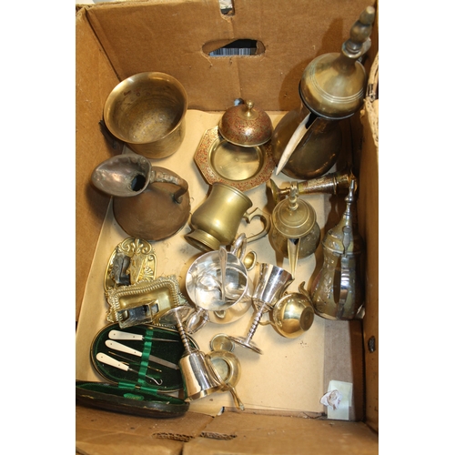 621 - Box brass, plated ware & nail file set