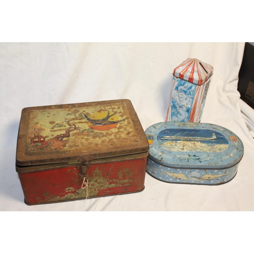 623 - 3 vintage tins including money box