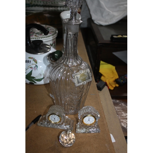 693 - Miniature Waterford clock, 1 other, decanter & droplet