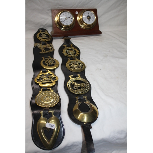 709 - 2 straps horse brasses & mounted barometer clock