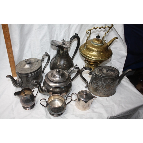 793 - Box assorted plated ware & brass spirit kettle