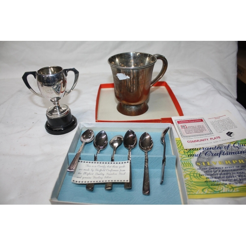 832 - Inscribed plated tankard, set spoons & trophy