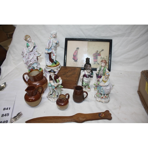 840 - Assorted small china figures, picture, jugs etc