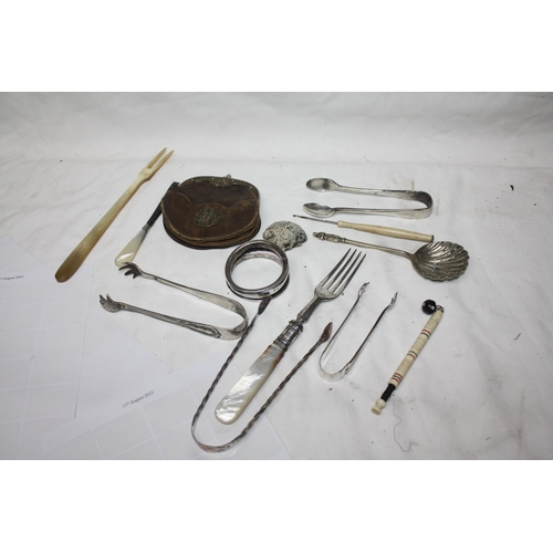 841 - Silver napkin ring a/f, plated sugar tongs etc