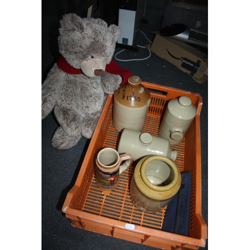 843 - 2 pottery hot water bottles, flagon a/f etc