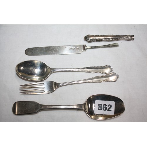 862 - 2 silver spoons, fork & knife 148 grammes