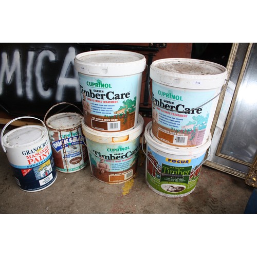 201 - 6 tubs wood/fence paint- top 2 tubs nearly full (9 litres) others approx. 1/4