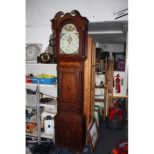 1533 - 19th Century inlaid oak cased 30 hour longcase clock with arched painted face with pendulum & weight... 