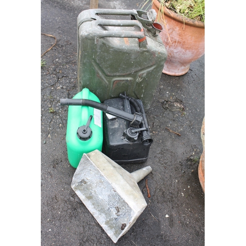 35 - Jerry can, 2 others & galvanised funnel