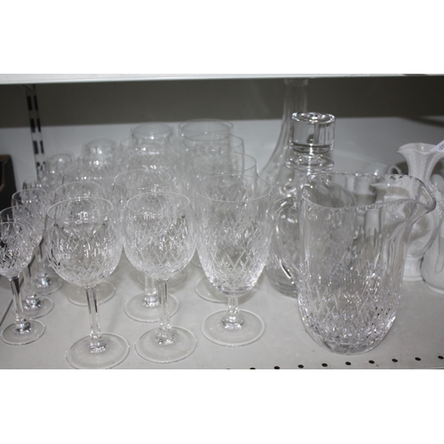 Selection glasses, jug & 2 decanters