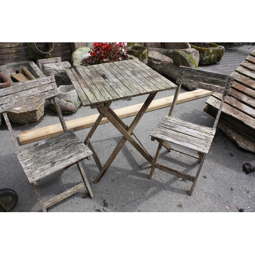 159 - Wooden slatted folding garden table & 2 chairs