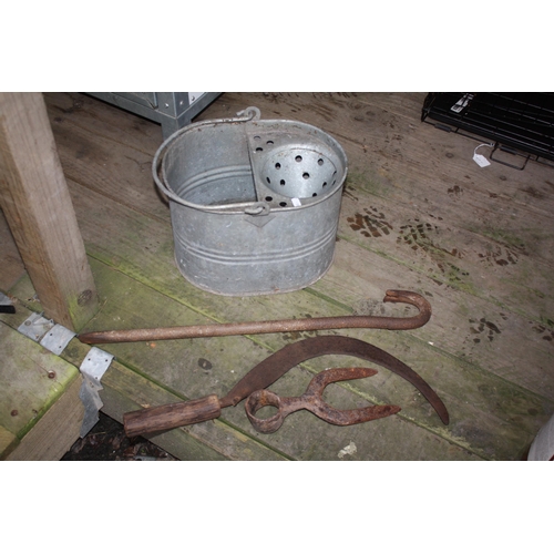 66 - Galvanised mop bucket, crow bar etc