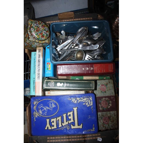 361 - Box old tins, books & cutlery