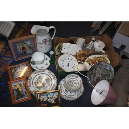 366 - Box Johnsons Bros dinnerware, Doulton plate, Beryl Cook prints etc