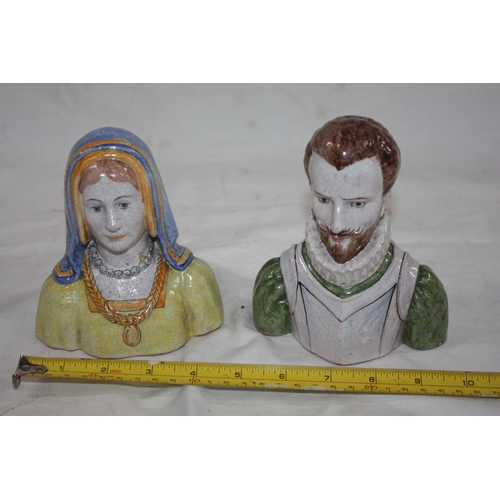 634 - French pottery De Guise bust 16th Century man & similar woman 5 1/2