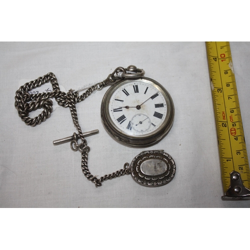 1155 - Silver cased pocket watch, albert etc