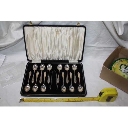 1168 - Cased set 12 spoons & sugar tongs Birmingham 1935 168 grammes