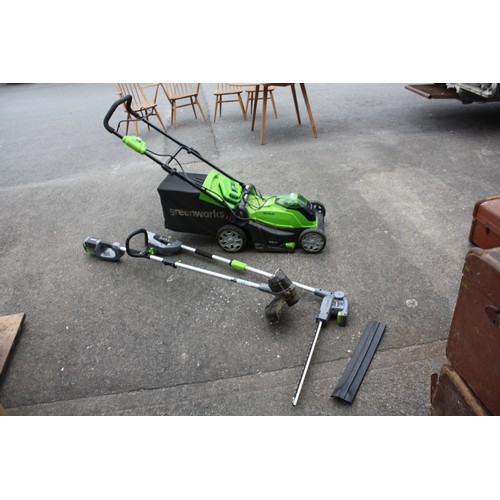 29 - Green Works battery lawn mower with spare battery (both good), strimmer & hedge cutter with charger