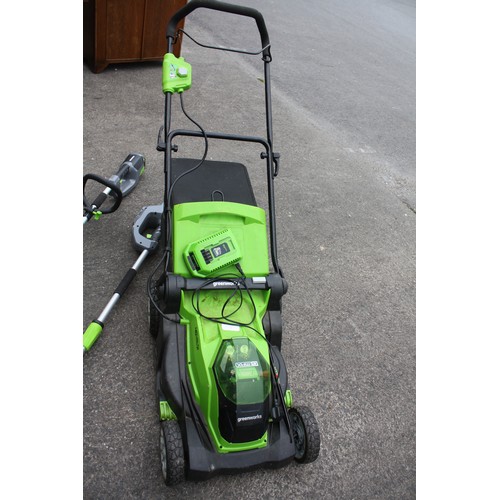 29 - Green Works battery lawn mower with spare battery (both good), strimmer & hedge cutter with charger