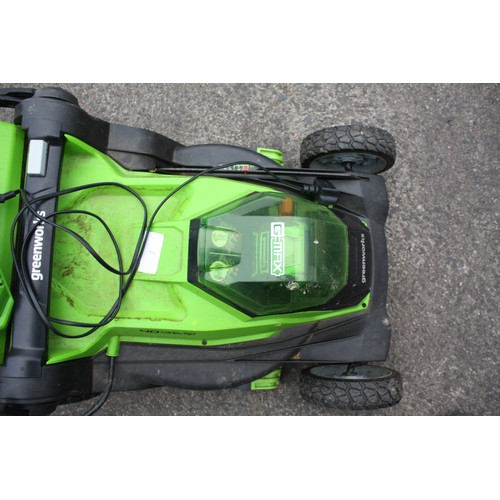 29 - Green Works battery lawn mower with spare battery (both good), strimmer & hedge cutter with charger