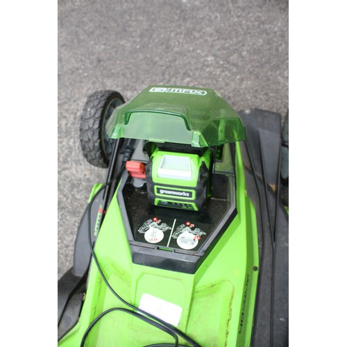 29 - Green Works battery lawn mower with spare battery (both good), strimmer & hedge cutter with charger