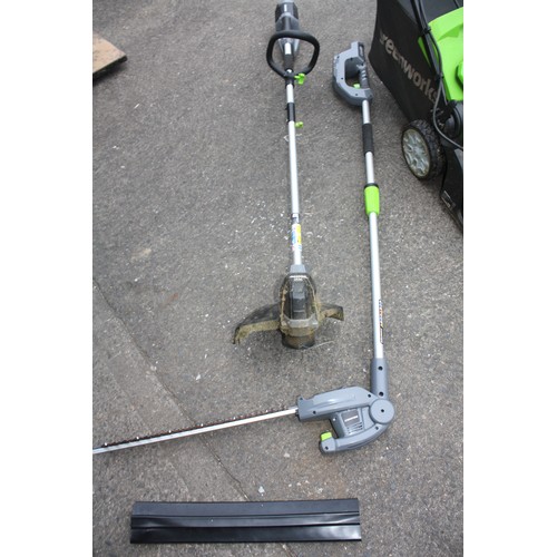 29 - Green Works battery lawn mower with spare battery (both good), strimmer & hedge cutter with charger