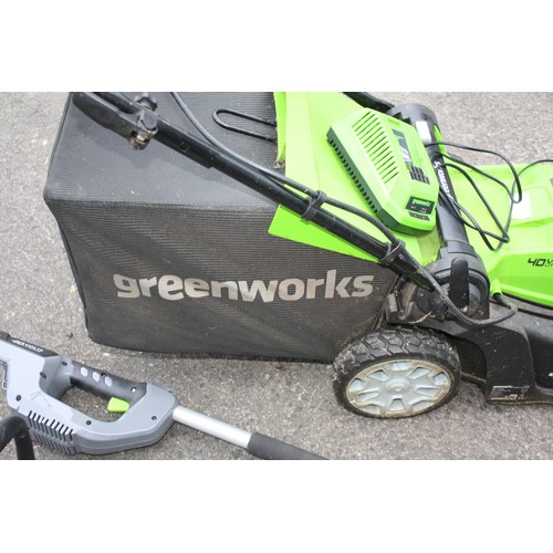 29 - Green Works battery lawn mower with spare battery (both good), strimmer & hedge cutter with charger